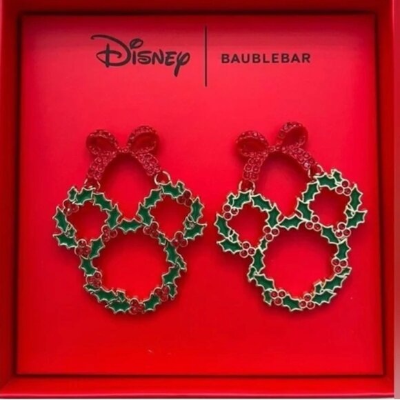 BaubleBar Holly Wreath Disney Stud RhinestioneSparkly Earrings New in Box - Picture 1 of 3